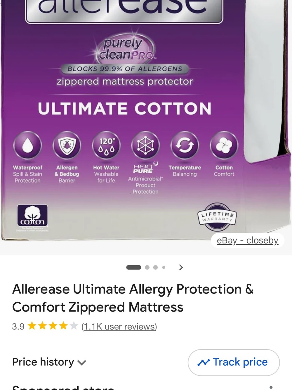 NIB Allerease Ultimate Cotton Allergy Relief Zippered Mattress Protector, Queen - Picture 6 of 12